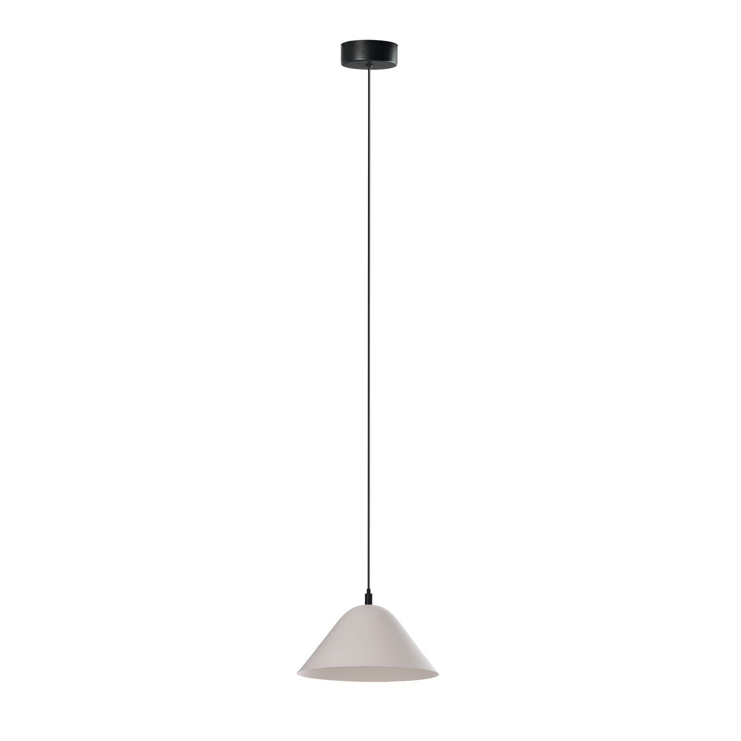Na obrazie widoczna jest wisząca lampa LED z białym, stożkowym kloszem i czarną podsufitką. Lampa zawieszona jest na cienkim, czarnym przewodzie.