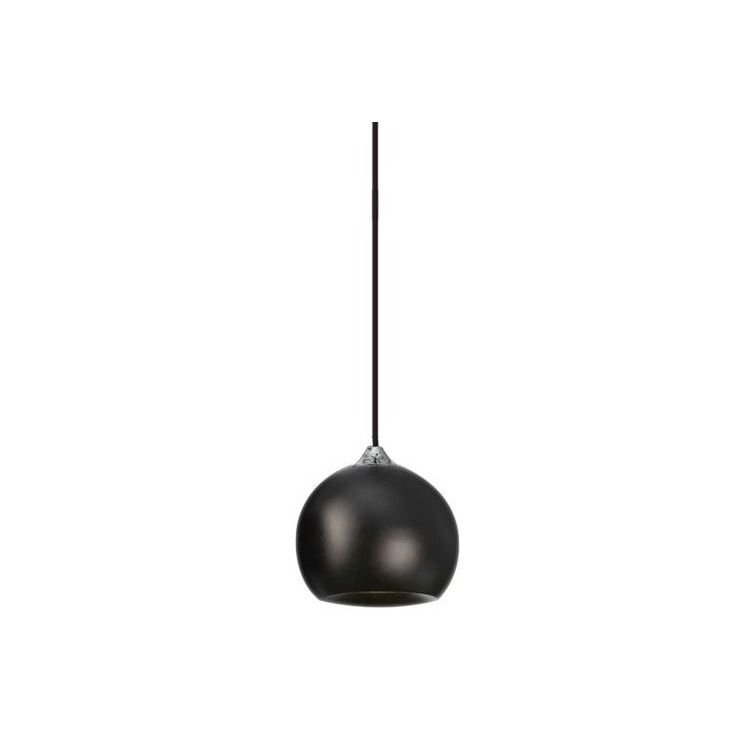 Czarna, kulista lampa wisząca z prostym przewodem. Lampa ma gładką powierzchnię i jest przeznaczona do montażu sufitowego.