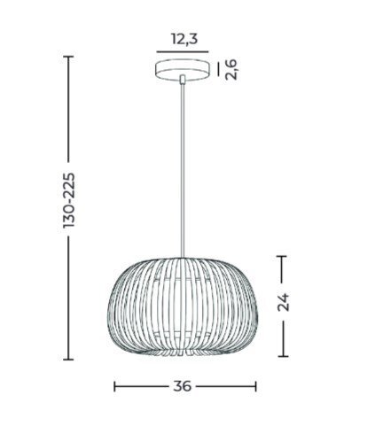 Schematyczny rysunek lampy wiszącej z wymiarami: wysokość regulowana od 130 do 225 cm, średnica klosza 36 cm, wysokość klosza 24 cm, średnica podsufitki 12,3 cm, wysokość podsufitki 2,6 cm.