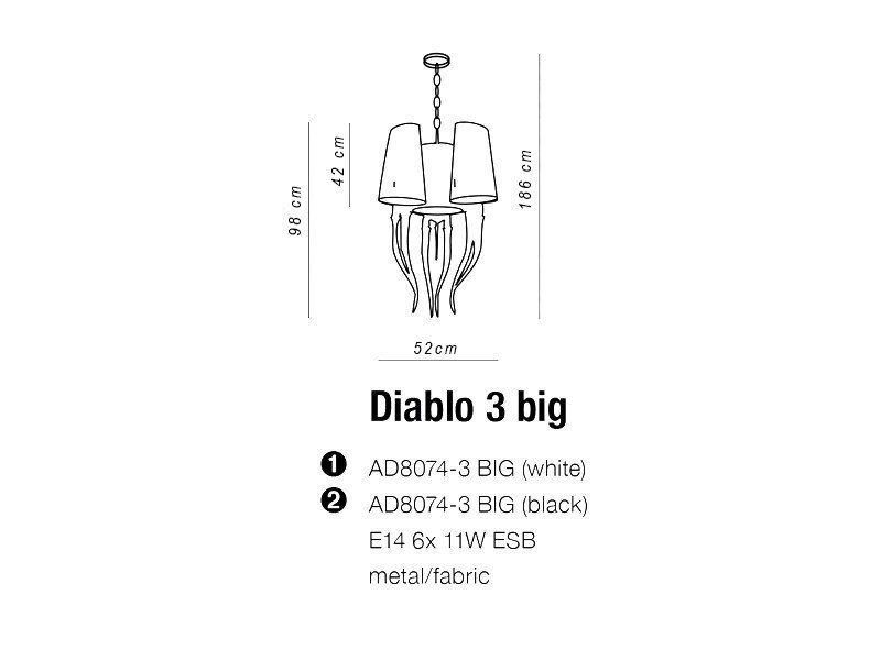 Schematyczny rysunek lampy wiszącej z trzema kloszami, z wymiarami: wysokość 186 cm, szerokość 52 cm. Tekst: \'Diablo 3 big\', \'AD8074-3 BIG (white)\', \'AD8074-3 BIG (black)\', \'E14 6x 11W ESB\', \'metal/fabric\'.