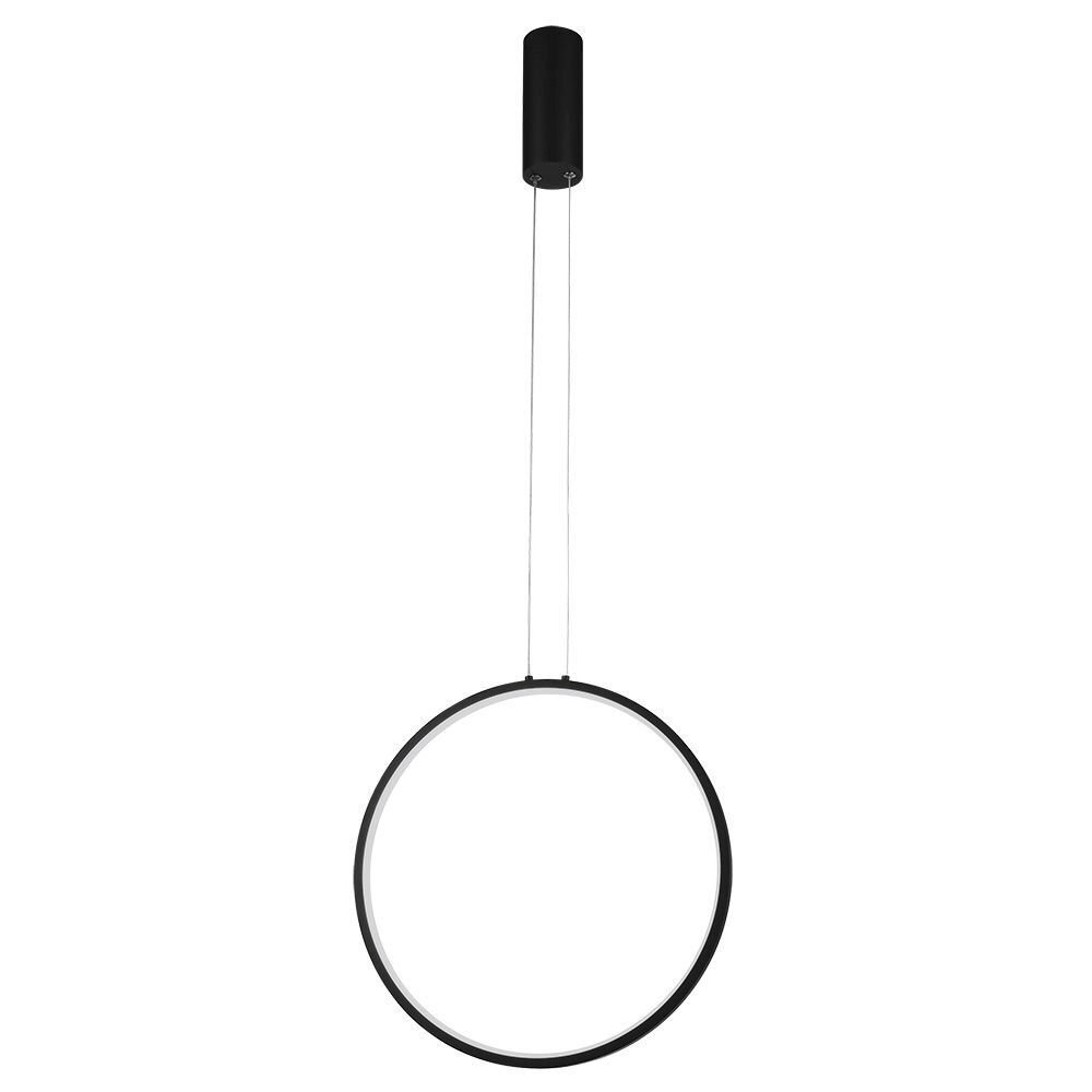 Czarna lampa wisząca LED o okrągłym kształcie, zawieszona na dwóch cienkich przewodach. Górna część lampy to cylindryczna obudowa przymocowana do sufitu.
