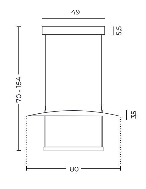 Schemat lampy wiszącej z wymiarami: szerokość 80 cm, wysokość regulowana od 70 do 154 cm, szerokość górnej części 49 cm, wysokość górnej części 5,5 cm, wysokość dolnej części 35 cm.