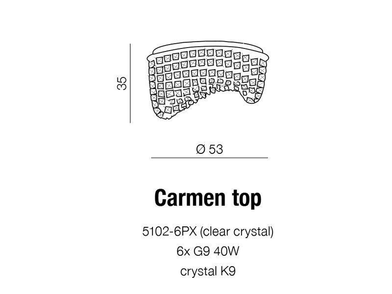 Schematyczny rysunek lampy z wymiarami: wysokość 35 cm, średnica 53 cm. Tekst: \'Carmen top 5102-6PX (clear crystal) 6x G9 40W crystal K9\'.