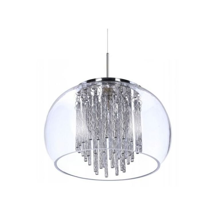 Lampa wisząca z przezroczystym kloszem i dekoracyjnymi elementami w formie wiszących kryształków. Produkt zawieszony na cienkim przewodzie, z metalowym wykończeniem u góry.