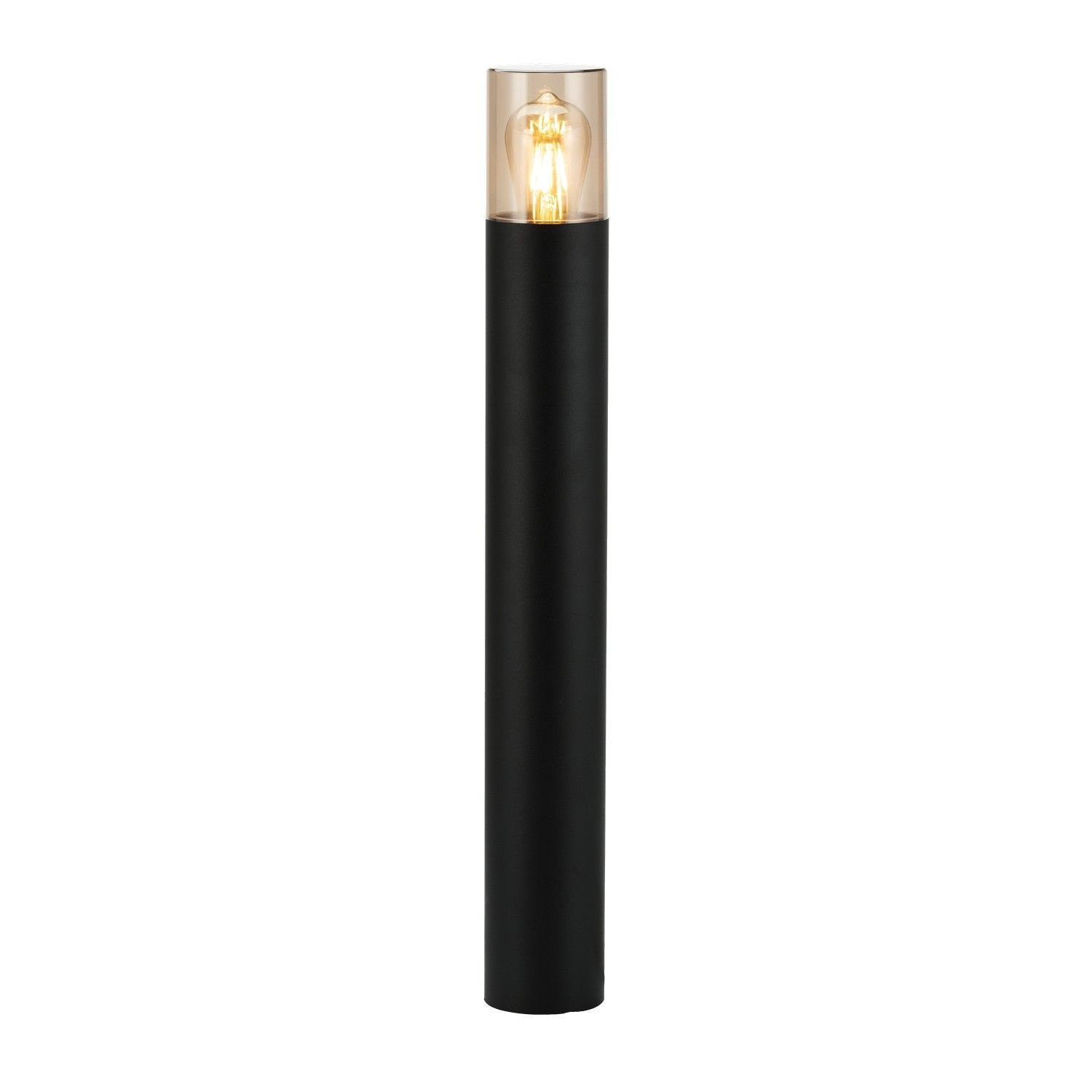 Czarna lampa zewnętrzna w formie słupka z przezroczystą osłoną na górze, przez którą widać żarówkę emitującą ciepłe światło.