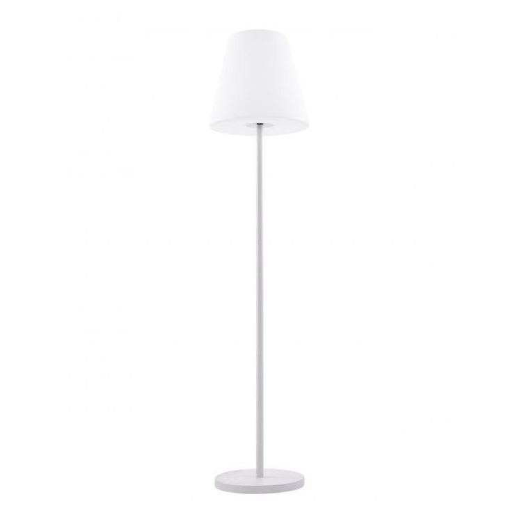 Biała zewnętrzna lampa stojąca o prostym, nowoczesnym designie z okrągłą podstawą i stożkowym kloszem.