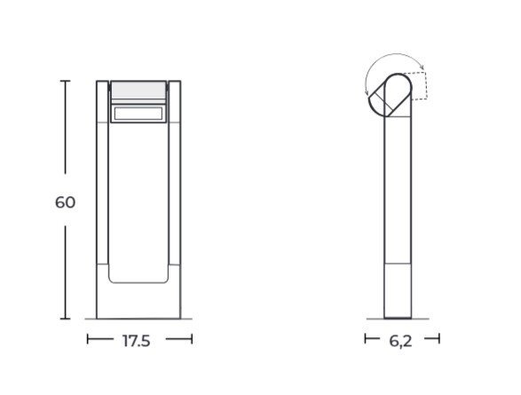 Schematyczny rysunek słupka ogrodowego LED z wymiarami: wysokość 60 cm, szerokość 17,5 cm, głębokość 6,2 cm. Widoczne są dwa widoki: z przodu i z boku.