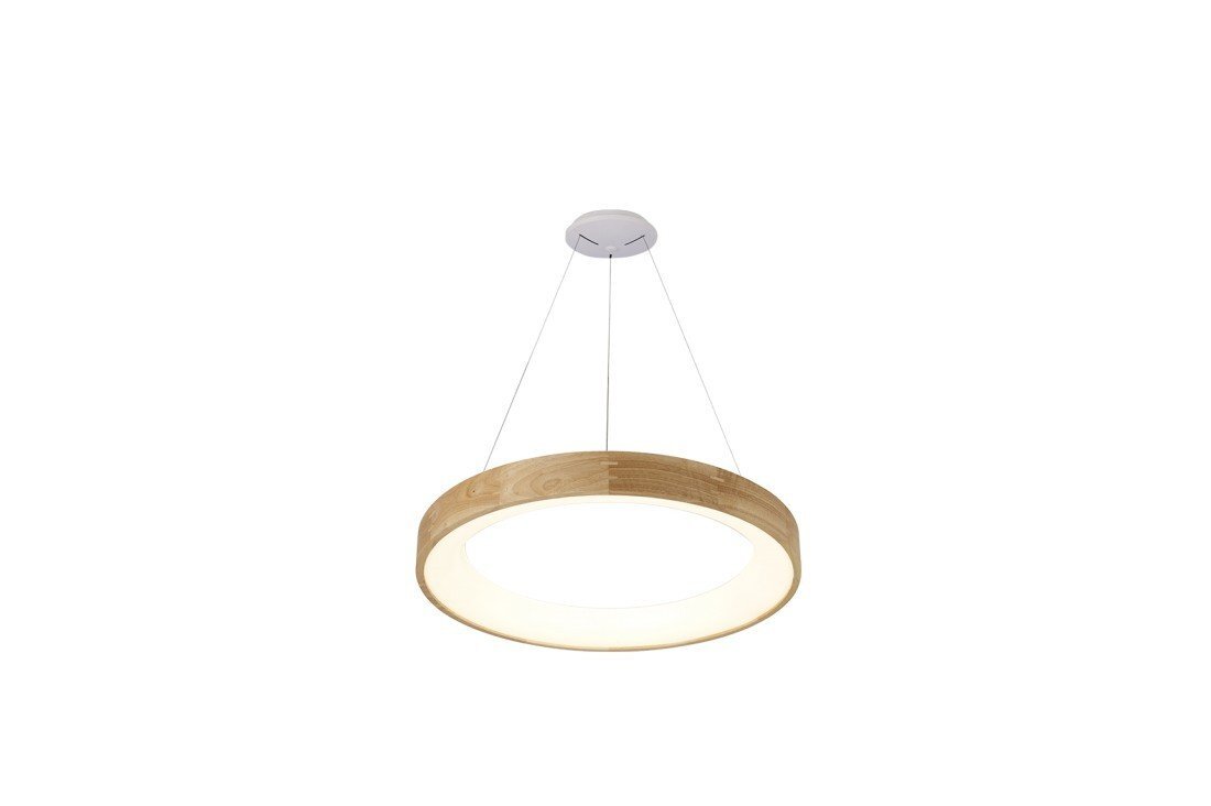 Lampa wisząca o okrągłym kształcie z drewnianym wykończeniem i białym, świecącym wnętrzem. Jest zawieszona na cienkich linkach przymocowanych do białej podstawy sufitowej.