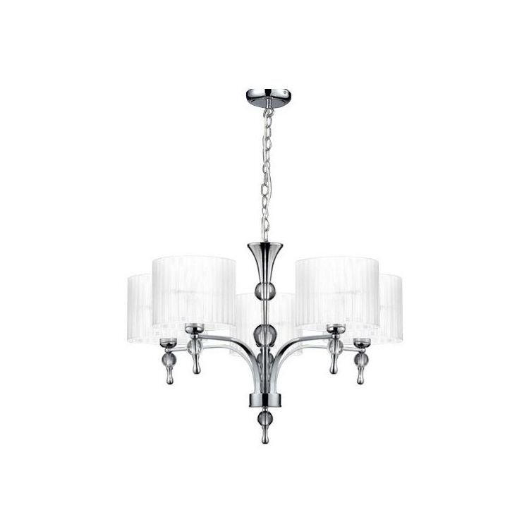 Lampa wisząca z pięcioma kloszami w kształcie walca, wykonana z przezroczystego materiału, zawieszona na metalowym łańcuchu. Konstrukcja lampy jest metalowa z ozdobnymi kulami i zakończeniami w kształcie kropli.
