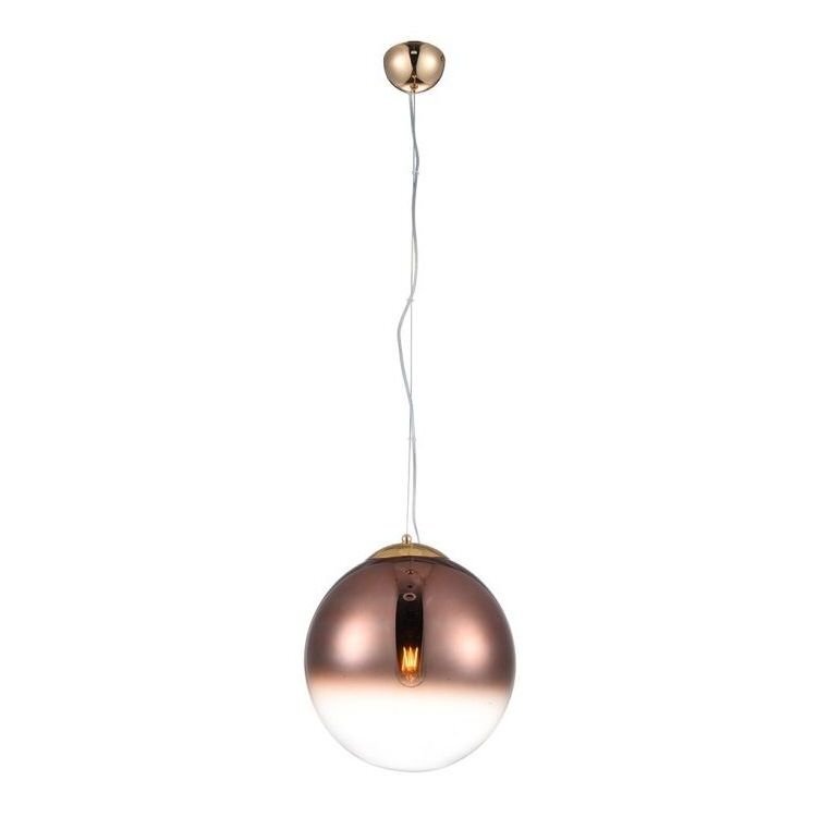 Na obrazie widoczna jest lampa wisząca o kulistym kształcie, z metalicznym wykończeniem w odcieniach brązu i bieli. Lampa jest zawieszona na cienkim przewodzie, a jej górna część jest przymocowana do sufitu za pomocą okrągłego uchwytu.