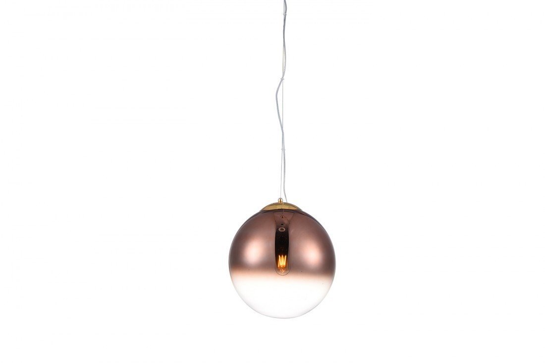 Na obrazie widoczna jest lampa wisząca o kulistym kształcie, z gradientowym przejściem kolorów od ciemnego na górze do jasnego na dole. Lampa zawieszona jest na cienkim przewodzie.