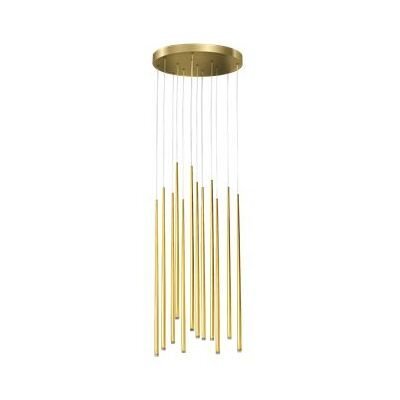 Złota lampa wisząca z dwunastoma smukłymi, pionowymi elementami zawieszonymi na cienkich przewodach, przymocowana do okrągłej podstawy sufitowej.