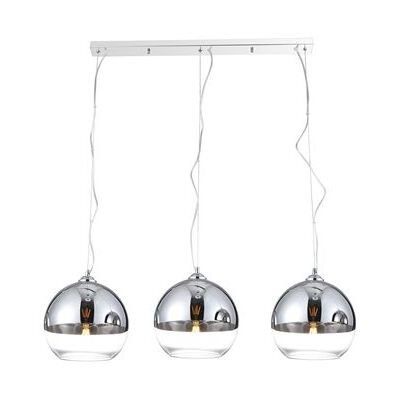 Na obrazie widoczna jest nowoczesna lampa wisząca z trzema kulistymi kloszami w kolorze srebrnym, zawieszona na prostokątnej listwie. Klosze mają przezroczyste dolne części, przez które widać żarówki.