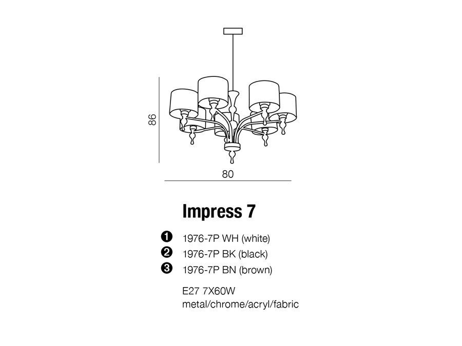 Schemat lampy wiszącej z siedmioma kloszami, oznaczonej jako Impress 7, z wymiarami 80 cm szerokości i 86 cm wysokości. Dostępne kolory to biały, czarny i brązowy, a materiał to metal, chrom, akryl i tkanina.