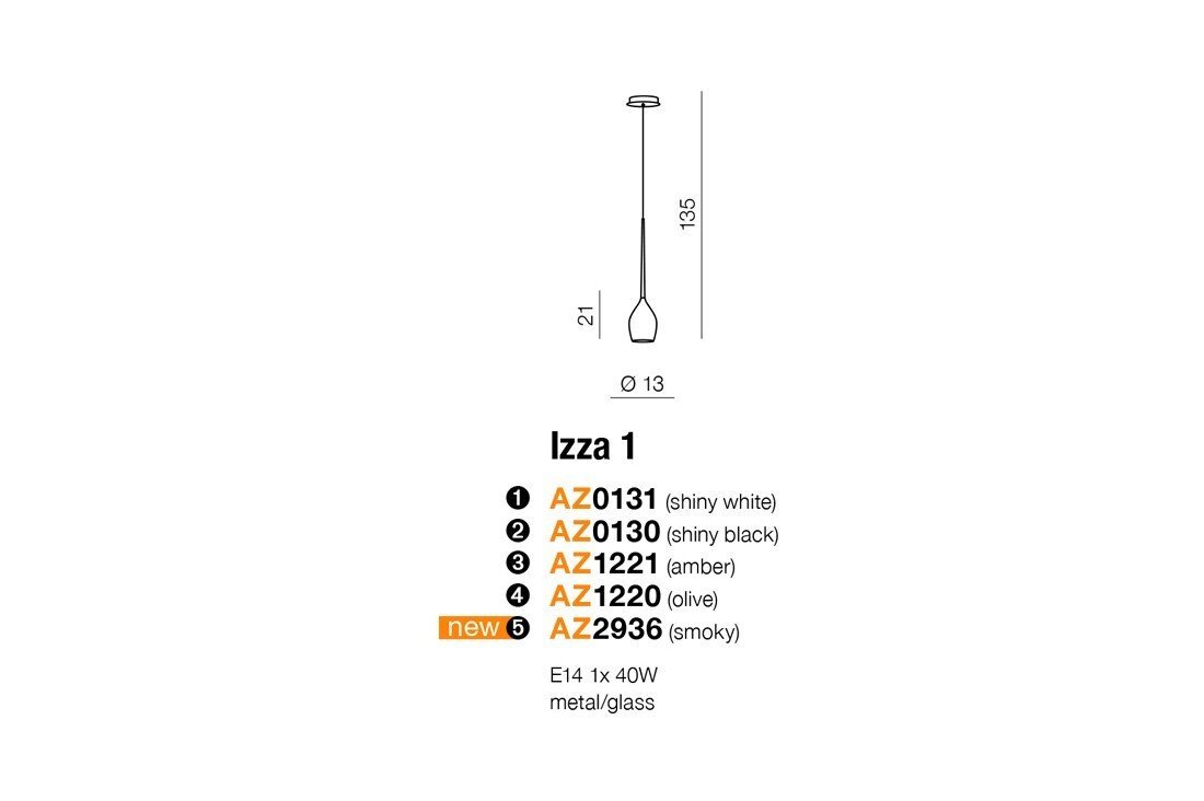Schemat lampy wiszącej z wymiarami: wysokość 135 cm, średnica 13 cm. Dostępne kolory: AZ0131 (shiny white), AZ0130 (shiny black), AZ1221 (amber), AZ1220 (olive), AZ2936 (smoky).