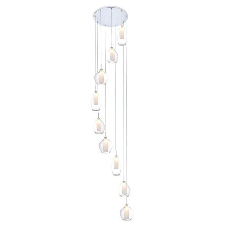 Lampa wisząca z dziewięcioma szklanymi kloszami o białym odcieniu, zawieszona na cienkich przewodach z okrągłej podstawy sufitowej.