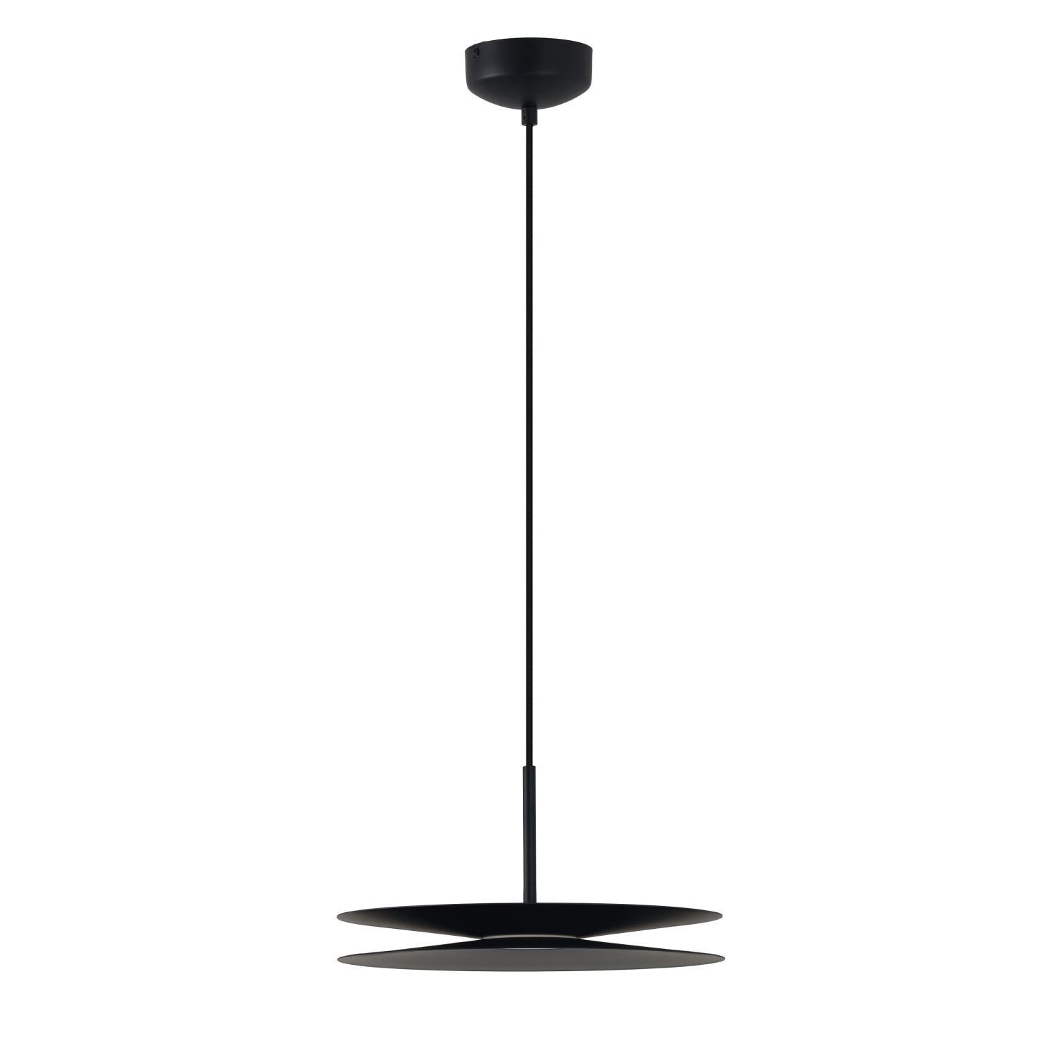 Czarna, nowoczesna lampa wisząca o minimalistycznym designie, składająca się z dwóch płaskich dysków zawieszonych na cienkim przewodzie.