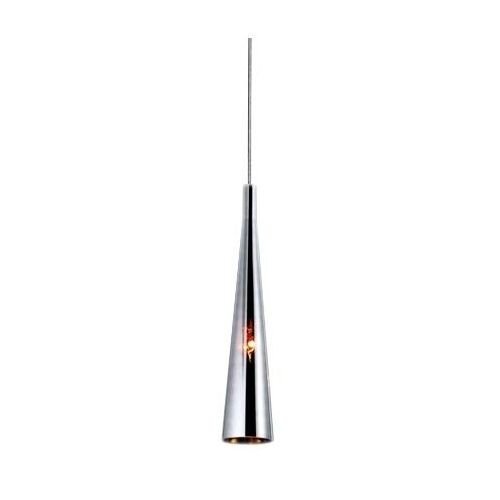 Lampa wisząca o smukłym, stożkowym kształcie z metalicznym wykończeniem, zawieszona na cienkim przewodzie.