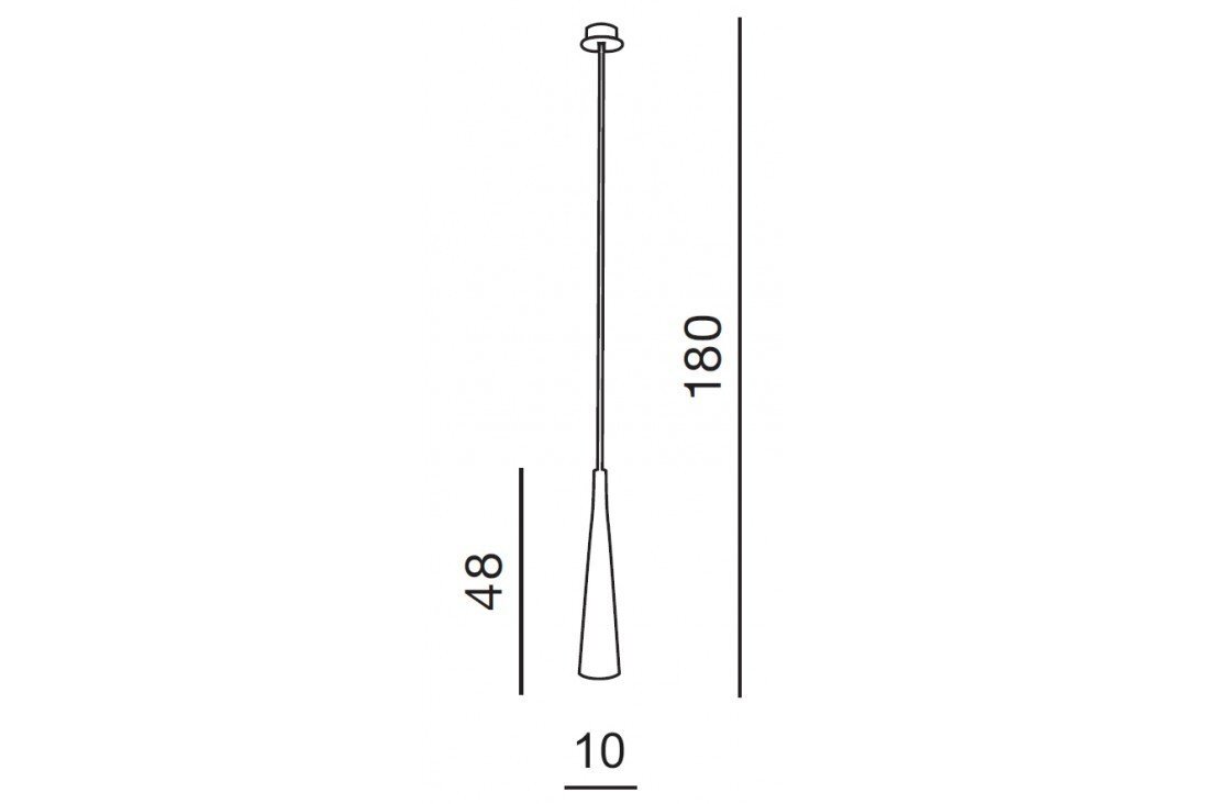 Schematyczny rysunek lampy wiszącej z wymiarami: wysokość całkowita 180 cm, wysokość klosza 48 cm, średnica klosza 10 cm.