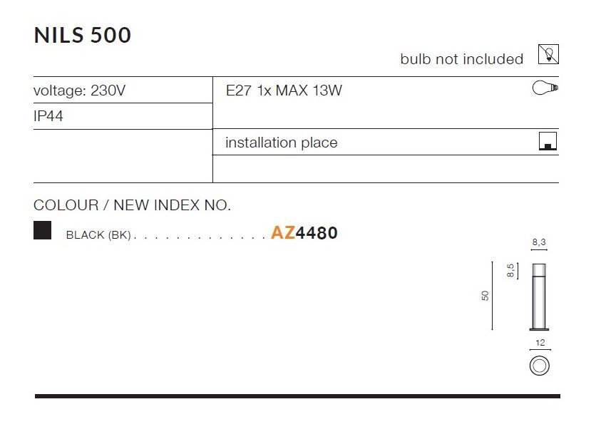Obraz przedstawia specyfikację produktu NILS 500 z informacjami: napięcie 230V, E27 1x MAX 13W, IP44, miejsce instalacji. Kolor czarny (BK), indeks AZ4480, żarówka nie jest dołączona.