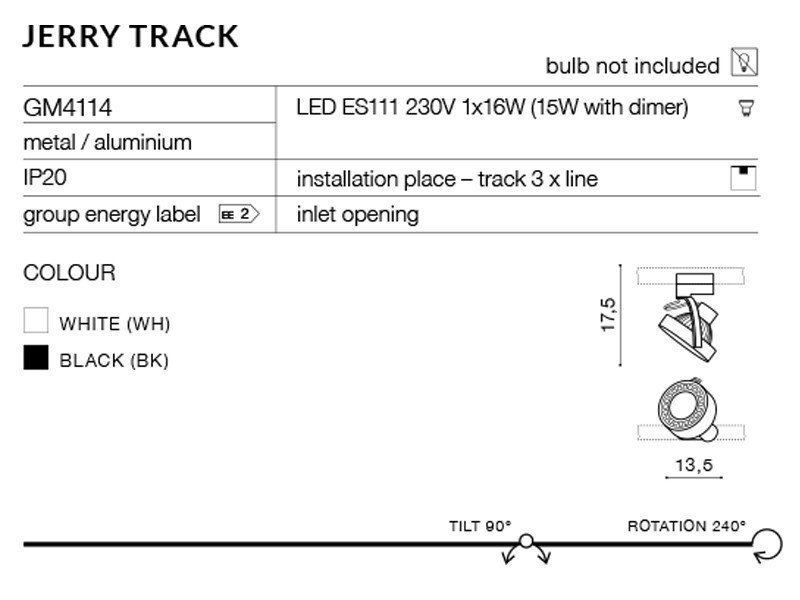 Obraz przedstawia specyfikację reflektora szynowego Jerry Track. Zawiera informacje o modelu GM4114, materiałach, klasie IP20, oraz dostępnych kolorach: białym i czarnym.