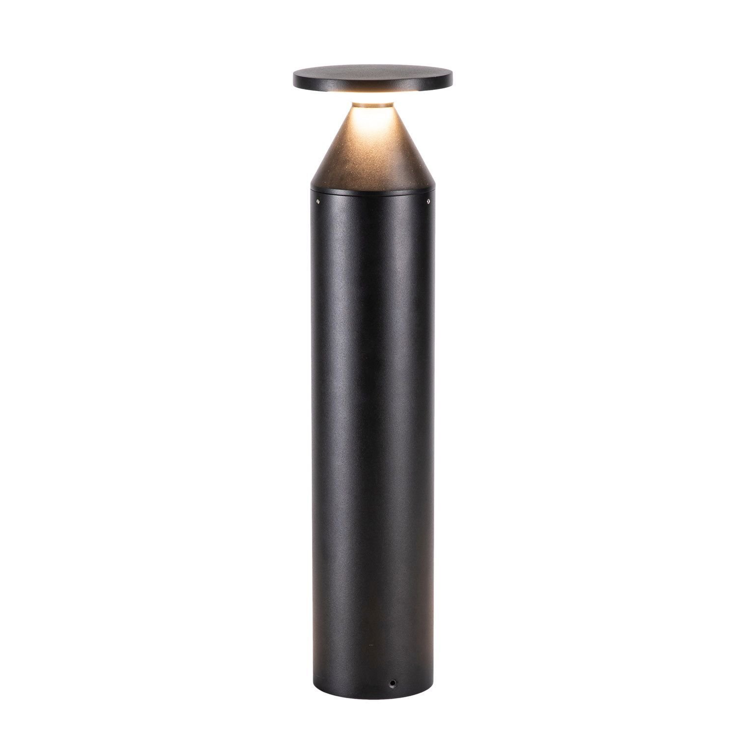 Grafitowa zewnętrzna lampa ogrodowa w formie słupka z okrągłym daszkiem, emitująca światło w dół. Lampa ma nowoczesny design i jednolitą, ciemną powierzchnię.