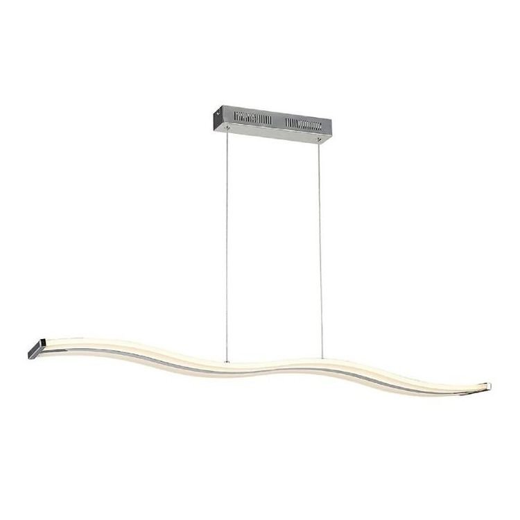 Lampa wisząca o falistym kształcie z metalowym mocowaniem i dwoma cienkimi przewodami. Emituje jasne, równomierne światło.