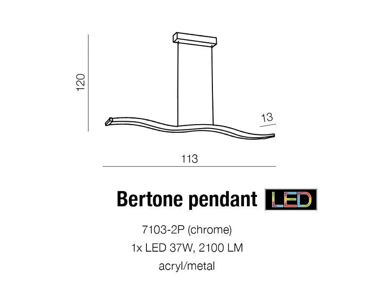 Schemat lampy wiszącej z wymiarami: wysokość 120, szerokość 113, głębokość 13. Tekst: \'Bertone pendant LED, 7103-2P (chrome), 1x LED 37W, 2100 LM, acryl/metal\'.