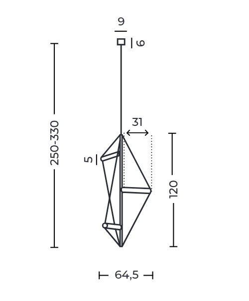 Schematyczny rysunek lampy wiszącej z wymiarami: wysokość regulowana od 250 do 330 cm, szerokość 64,5 cm, głębokość 31 cm. Lampa ma nowoczesny, geometryczny kształt.