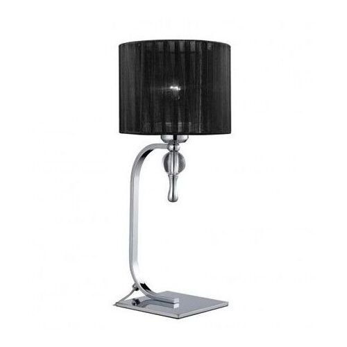Lampa stołowa z czarnym, cylindrycznym abażurem i metalową podstawą o nowoczesnym designie. Podstawa ma zakrzywiony kształt z dekoracyjnym elementem pod abażurem.