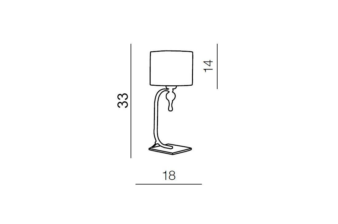 Schemat lampy stołowej z wymiarami: wysokość 33 cm, szerokość podstawy 18 cm, wysokość klosza 14 cm.