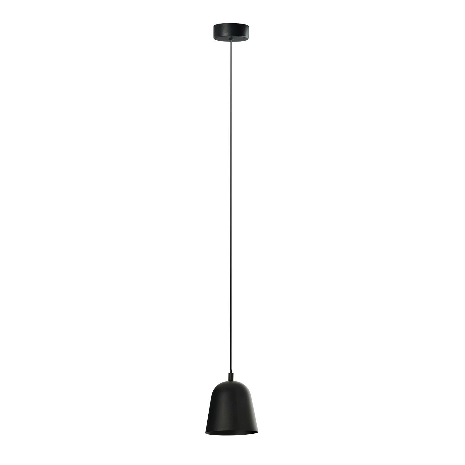 Lampa wisząca z białym kloszem w kształcie tuby, zawieszona na czarnym przewodzie z czarną podsufitką.