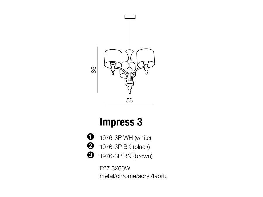 Schematyczny rysunek lampy wiszącej z trzema kloszami, o wymiarach 86 cm wysokości i 58 cm szerokości. Tekst: \'Impress 3, 1976-3P WH (white), 1976-3P BK (black), 1976-3P BN (brown), E27 3X60W, metal/chrome/acryl/fabric\'.