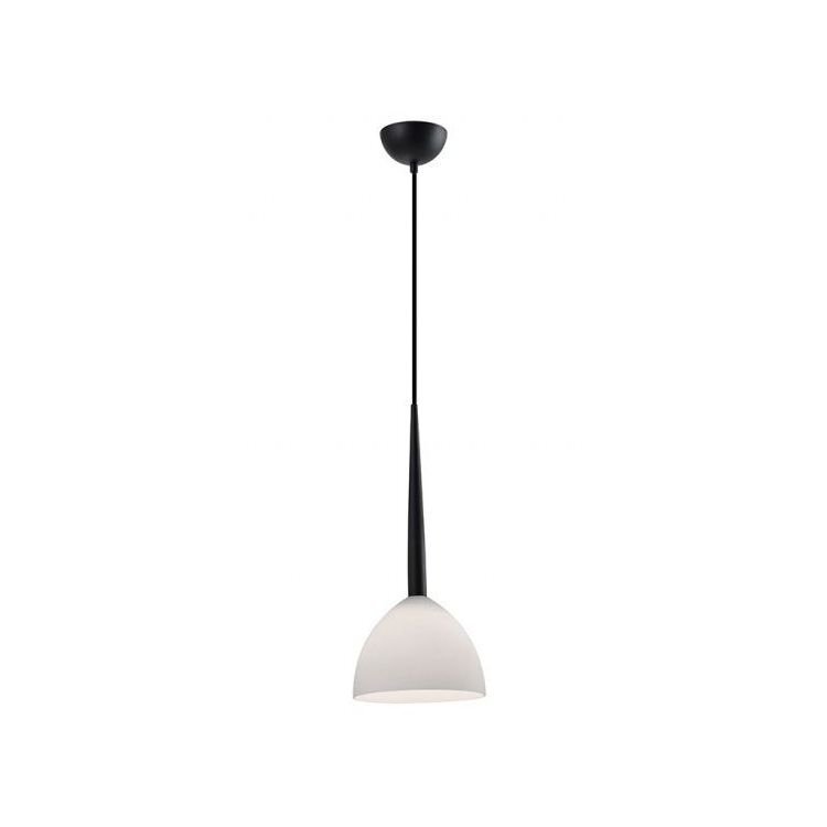 Na obrazie widoczna jest wisząca lampa z czarnym przewodem i białym kloszem w kształcie półkuli. Lampa ma minimalistyczny design i jest przeznaczona do montażu sufitowego.