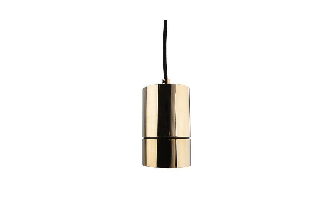 Złota, cylindryczna lampa wisząca z czarnym przewodem, o gładkiej, błyszczącej powierzchni.