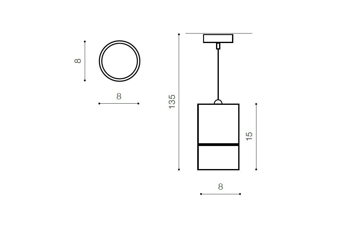 Schematyczny rysunek lampy wiszącej z wymiarami: średnica 8 cm, wysokość całkowita 135 cm, wysokość klosza 15 cm.