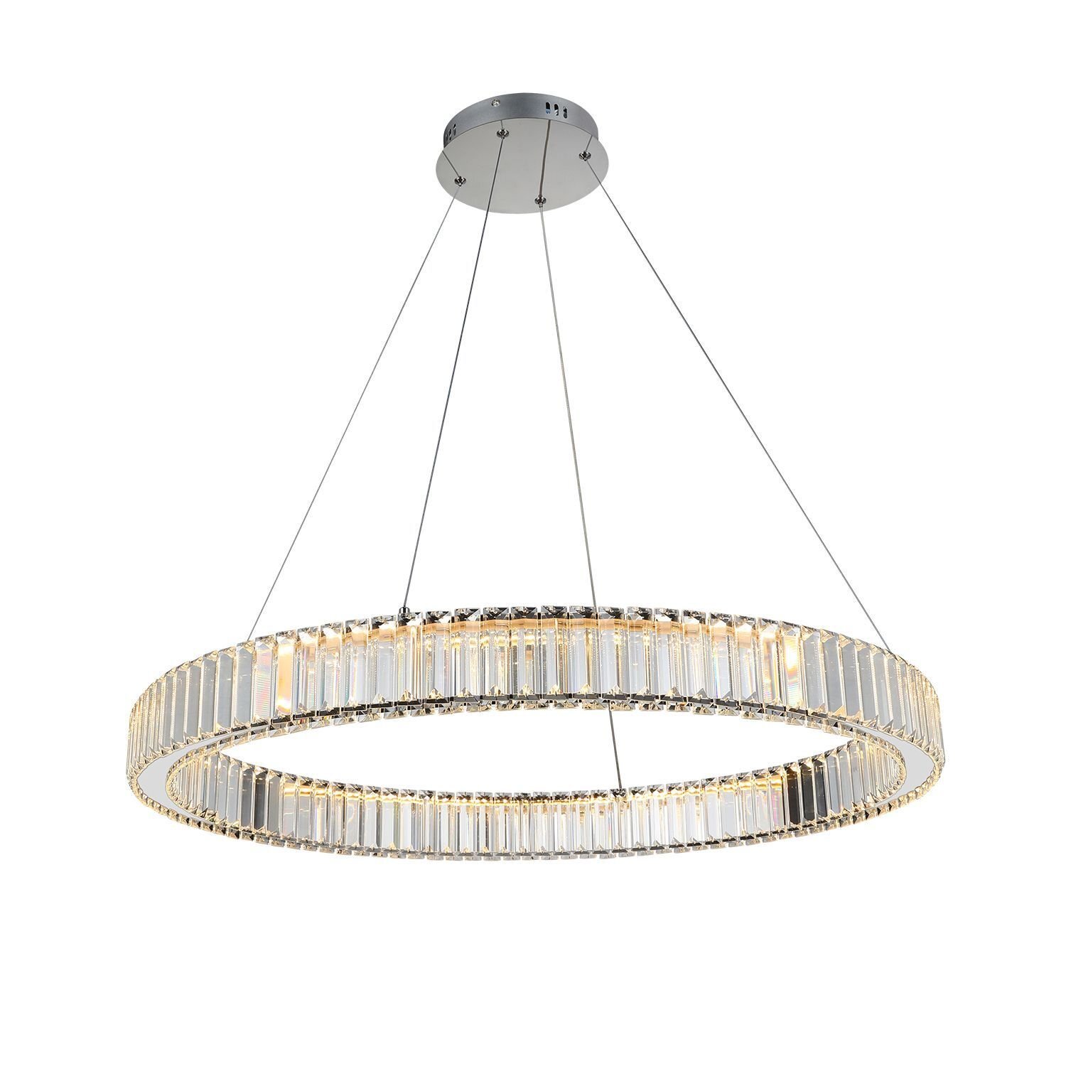Lampa wisząca LED o okrągłym kształcie z przezroczystymi elementami dekoracyjnymi, zawieszona na cienkich linkach. Górna część lampy jest przymocowana do okrągłej, metalowej podstawy sufitowej.