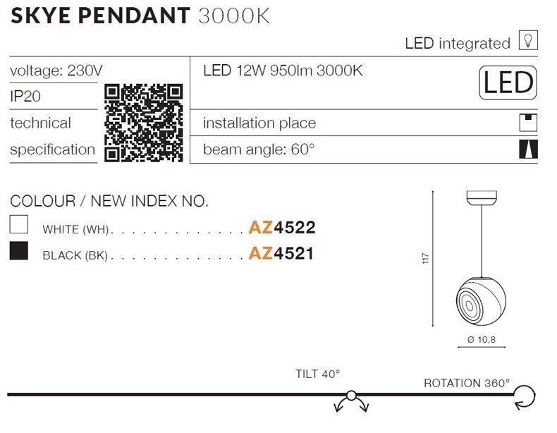 Specyfikacja lampy wiszącej LED o mocy 12W i temperaturze barwowej 3000K, z kątem świecenia 60 stopni. Dostępne kolory to biały (AZ4522) i czarny (AZ4521).