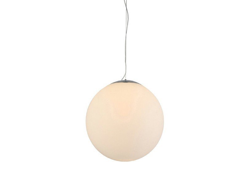 Na obrazie widoczna jest biała, kulista lampa wisząca z cienkim przewodem mocującym. Lampa ma gładką powierzchnię i jednolity kolor.