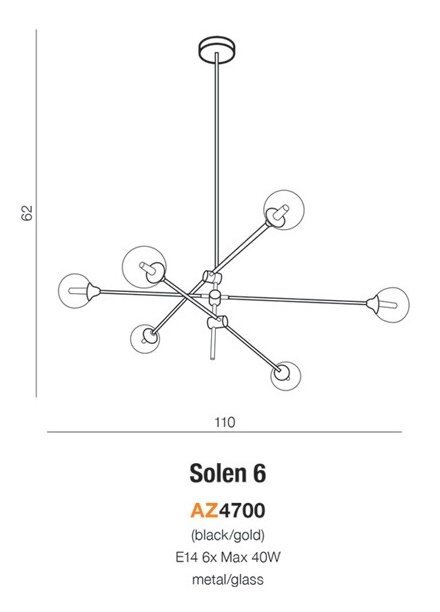 Schematyczny rysunek lampy wiszącej z sześcioma punktami świetlnymi. Pod spodem widnieje tekst: \'Solen 6 AZ4700 (black/gold) E14 6x Max 40W metal/glass\'.