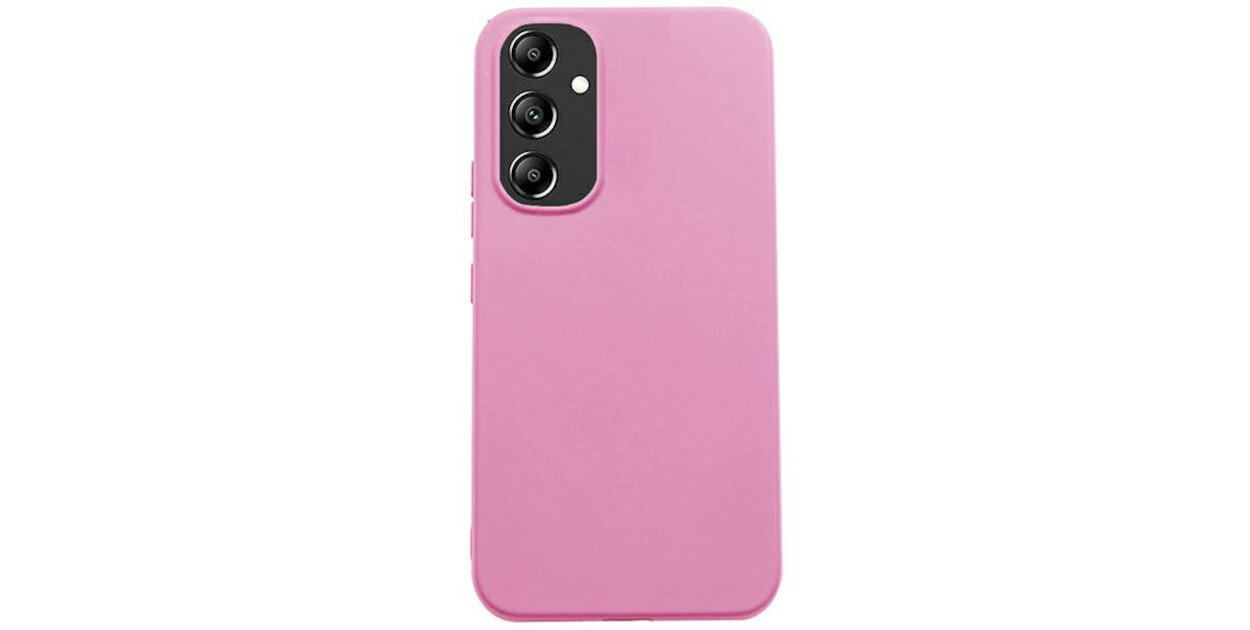 Jasnoróżowe etui na telefon z trzema otworami na aparaty fotograficzne w czarnym obramowaniu.
