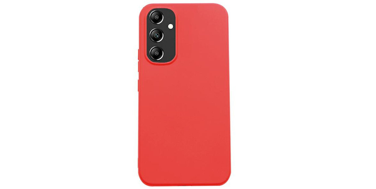 Czerwone etui na telefon z trzema otworami na aparaty fotograficzne w czarnym obramowaniu.