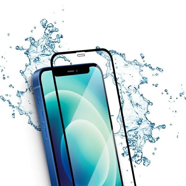 Obraz przedstawia smartfon z nałożoną przezroczystą osłoną ekranu, a w tle widać rozpryskującą się wodę. Telefon ma niebieską obudowę i wyświetla abstrakcyjny wzór na ekranie.