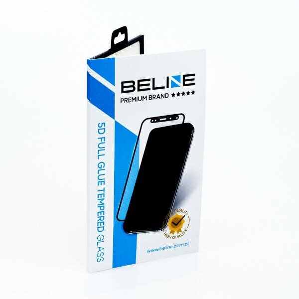 Opakowanie produktu Beline z napisem \'5D FULL GLUE TEMPERED GLASS\' oraz logo Beline Premium Brand. Na opakowaniu widoczna jest grafika przedstawiająca szkło ochronne na telefon.