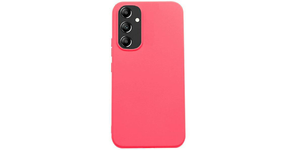 Różowe etui na telefon z trzema otworami na aparaty fotograficzne i jednym na lampę błyskową.