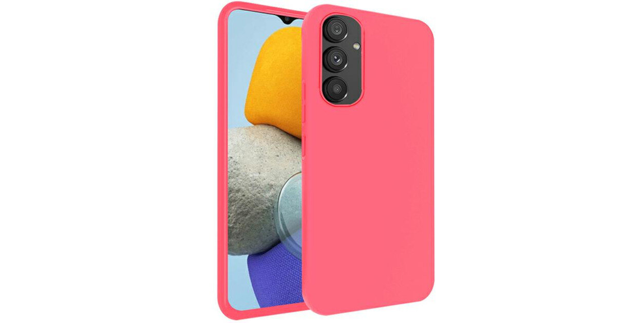 Różowe etui na telefon z trzema wycięciami na aparaty fotograficzne. W tle widoczny ekran telefonu z kolorowymi kamieniami.