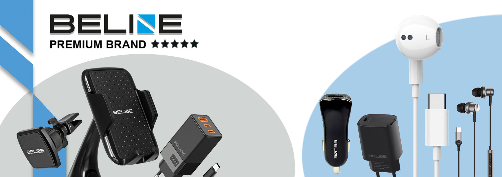 Obraz przedstawia różne akcesoria elektroniczne marki Beline, w tym uchwyt samochodowy, ładowarki i słuchawki. Widoczny jest tekst: \'BELINE PREMIUM BRAND *****\'.