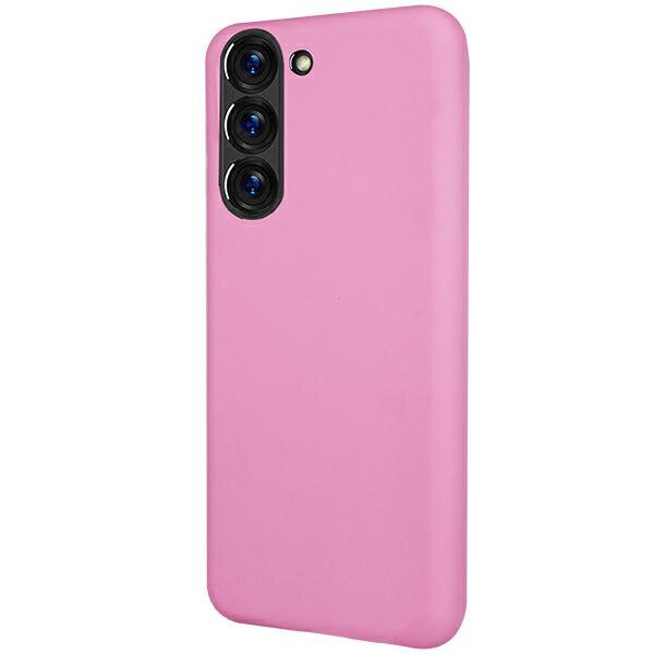 Jasnoróżowe etui na telefon z trzema otworami na aparaty i jednym na lampę błyskową. Etui ma gładką powierzchnię i zaokrąglone krawędzie.