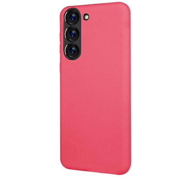Różowe etui na telefon z trzema otworami na aparaty i jednym na lampę błyskową.