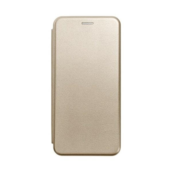 Złote etui na telefon z klapką, wykonane z materiału o gładkiej fakturze. Na górze widoczny jest otwór na głośnik.